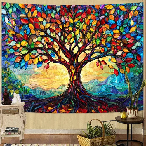 Vista 14 de Lunerfex Tapiz de árbol de la vida, tapiz de pared de fase lunar, tapices verdes para dormitorio, techo, tapices para colgar en la pared