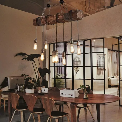 Vista 5 de Candelabros rústicos para comedor, altura ajustable, iluminación colgante de 8 luces, lámpara industrial de granja de 37.4 pulgadas, luces de isla