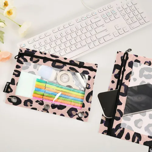 Vista 4 de Estuche para lápices con estampado de leopardo y guepardo rosa para carpeta de 3 anillos, 2 bolsas para lápices con cremallera, estuche transparente