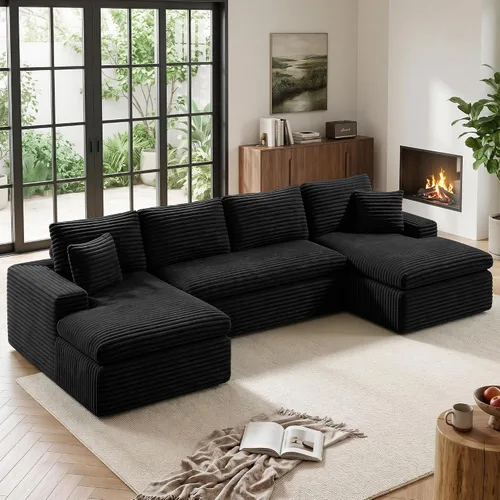 Vista 15 de Sofá modular sin hueso de nube de 112 pulgadas en forma de L, moderno sofá modular con cojín en capas, sofás de pana convertibles sin montaje