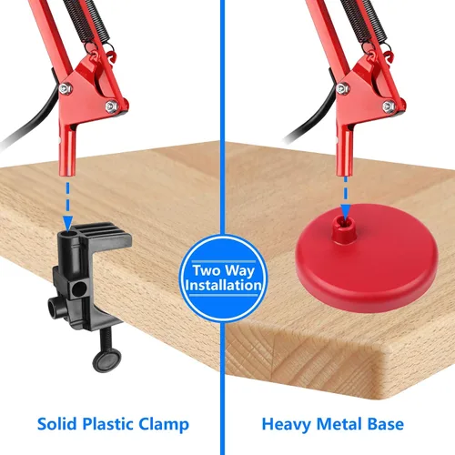 Vista 4 de Lámpara de escritorio de metal AmeriTop, lámpara de mesa de brazo oscilante ajustable con base intercambiable o abrazadera; lámparas