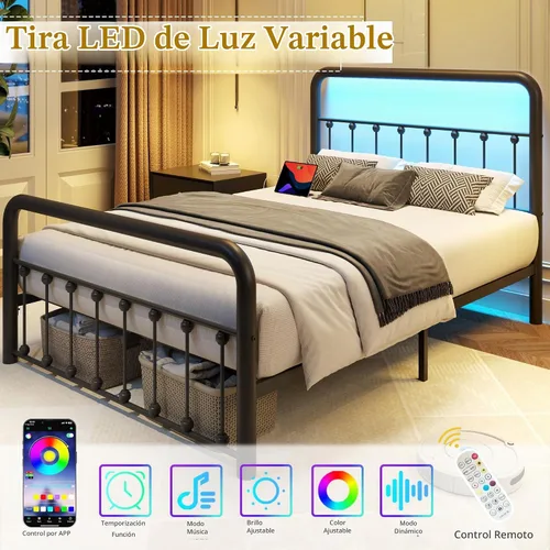 Vista 3 de Fluest Marco de Cama Full de 14 Pulgadas Marco de Cama de Plataforma de Metal Clásico con Estación de Carga y LED, Cabecero/Pie de Cama