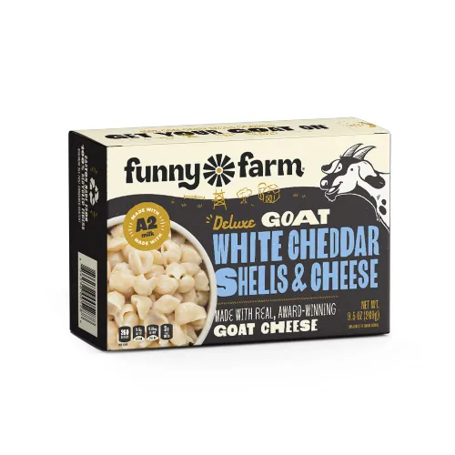 Vista 2 de Funny Farm Macarrones con leche A2 y queso Pasta con sabor a cheddar blanco - Paquete de cena de queso de cabra y queso (paquete de 8 unidades)