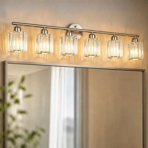 Vista 22 de Lámpara de tocador moderna de cristal de 2 luces, accesorio de luz vertical dorada para baño sobre espejo para mesa de tocador y fregadero