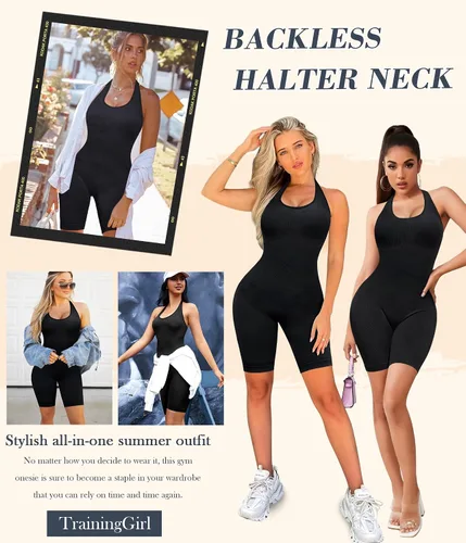Vista 4 de TrainingGirl Mono de yoga para mujer, con cuello halter, pantalones cortos, acanalado, de una pieza, sin costuras, bodycon, entrenamiento, gimnasio