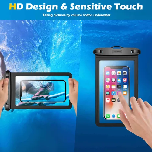 Vista 5 de Paquete de 4 fundas impermeables grandes para teléfono de 10.5" - Soporte transparente para celular bajo el agua - Bolsa seca universal a prueba