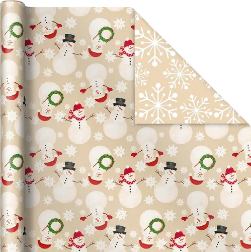 Vista 4 de Hallmark - Paquete de papel de regalo reversible de Navidad (3 rollos: 120 pies cuadrados en total) Felices fiestas, copos de nieve, muñecos