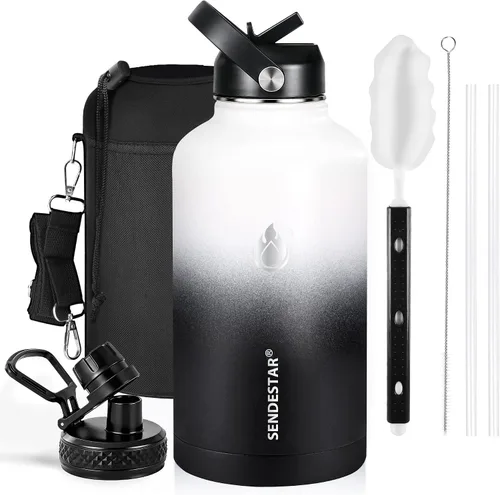 Vista 55 de SENDESTAR Botella de agua aislada de 24 onzas, boca ancha, botella de agua de 24 onzas con tapa con popote, tapa de boquilla, acero inoxidable