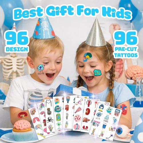 Vista 4 de 96 piezas divertidas de anatomía para niños, recuerdos de fiesta de cumpleaños – tatuajes temporales precortados Cute Human Body Parts, Brain &