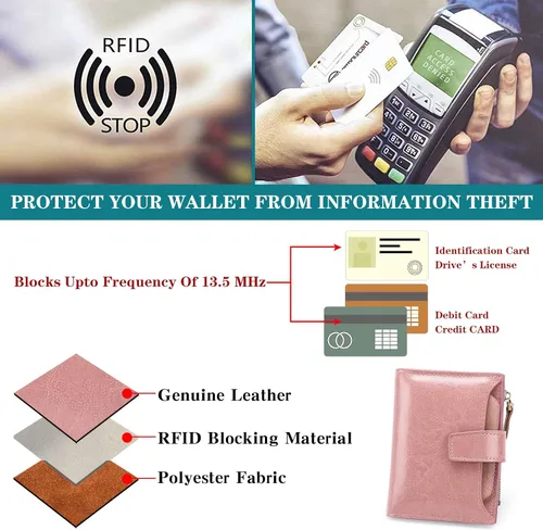 Vista 6 de FALAN MULE - Cartera de cuero auténtico para mujer pequeña plegable compacta con interferencia de radiofrecuencia RFID
