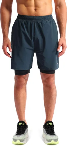 Vista 2 de Pudolla Mens 2 in 1 Running Shorts 7" Quick Dry Gym Athletic Workout Shorts for Men with Phone Pockets