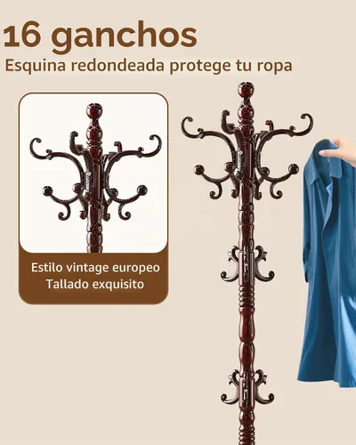 Vista 4 de Perchero de madera, perchero independiente de madera maciza, perchero vintage con 14 ganchos y base triangular, perchero de pie para chaqueta