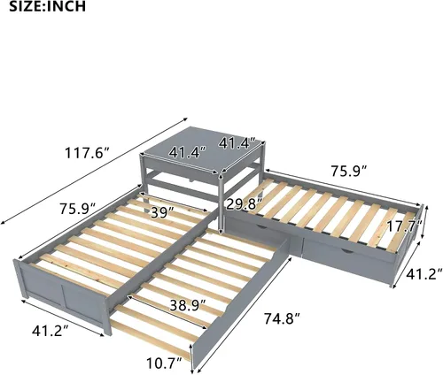 Vista 2 de Harper & Bright Designs Cama de plataforma en forma de L con nido y cajones vinculados con escritorio integrado, marco de cama individual de madera