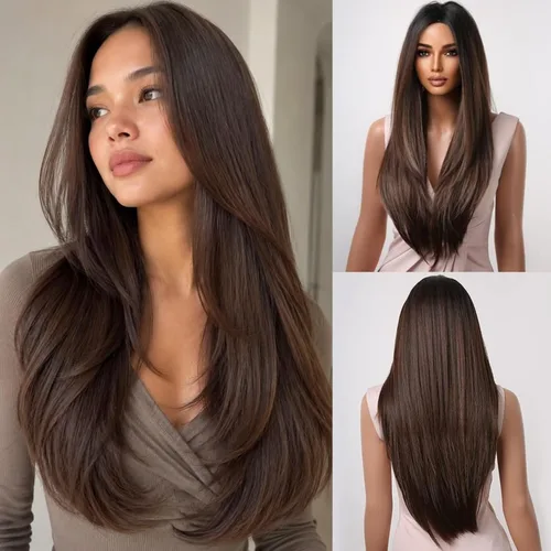 Vista 8 de Allbell Pelucas marrones largas negras para mujeres negras, pelucas de cabello lacio castaño oscuro con reflejos rubios, peluca larga de parte