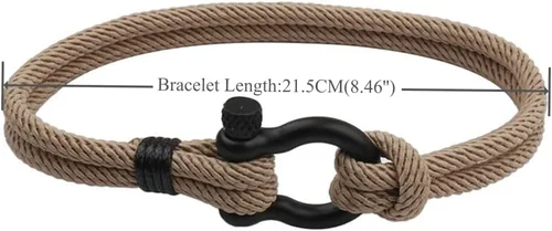 Vista 3 de Pulsera náutica de marinero con cierre de cuerda, brazalete de acero con tornillo de acero y grilletes de anclaje marino, dos filas