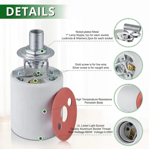 Vista 5 de Enchufe de luz E26,Soporte de lámpara de enchufe de bombilla de tornillo Medimun estándar,Enchufe de luz de porcelana con fijación de tornillo