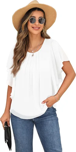 Vista 6 de QIXING Blusas de gasa con cuello redondo y cuello redondo de verano para mujer