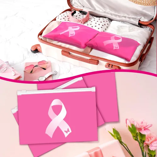 Vista 4 de Abbylike 100 bolsas de maquillaje para concientización sobre el cáncer de mama, bolsas de cosméticos a granel con cinta rosa, regalos