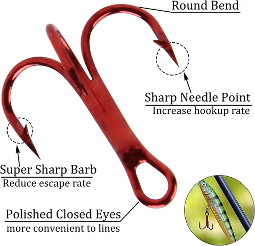 Vista 2 de Fishing Treble Hooks Kit, Sharp Replacement Treble Hooks for Lures Baits, High Carbon Steel Fishing Hooks with Stainless Steel Split Rings Set for