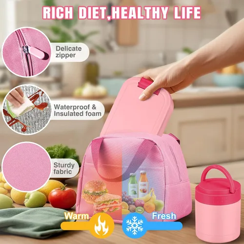 Vista 4 de Set de lonchera Bento grande para adultos, niños y mujeres con termo de sopa de 10.5 onzas, vasos térmicos de café para hombres, niñas, niños