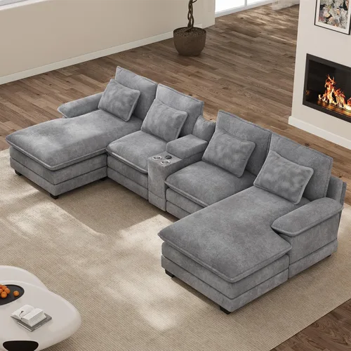 Vista 15 de Sofá nube en forma de U de 130 pulgadas con casa para gatos, sofá modular de gran tamaño para sala de estar, cómodo sofá grande de chenilla, juego