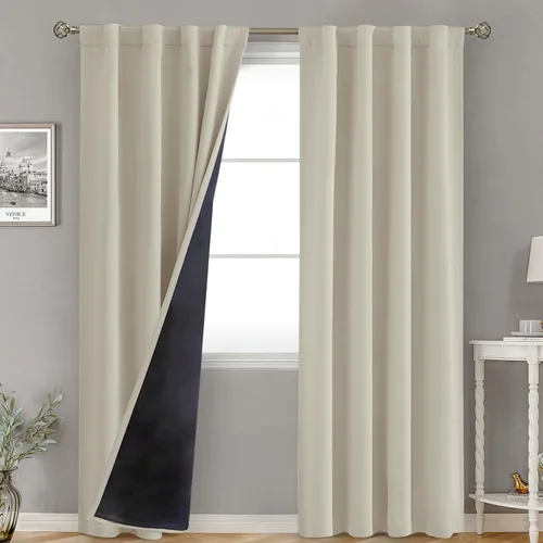 Vista 47 de BGment Cortinas 100% opacas beige de 63 pulgadas de largo con forro aislante térmico, bolsillo para varilla y lengüeta trasera de doble capa
