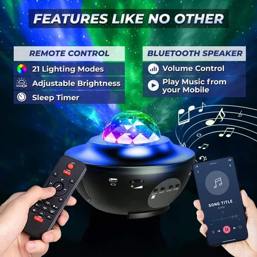 Vista 2 de Proyector de galaxia con luz de estrella para dormitorio, altavoz Bluetooth, brillo ajustable, 10 opciones de color, modos de temporizador Nubes