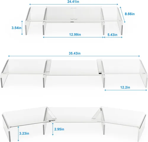 Vista 5 de X-cosrack Soporte de Monitor de Acrílico Transparente con Elevador, Soporte Ajustable de Doble Monitor con 3 Estantes y Alfombrilla Antideslizante