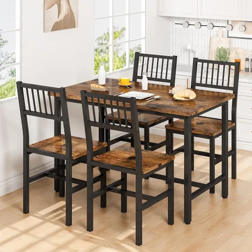 Vista 2 de AWQM Juego de mesa de comedor de 43.3 pulgadas para 4, mesa industrial con 4 sillas curvas, juego de mesa de cocina rectangular de 5 piezas