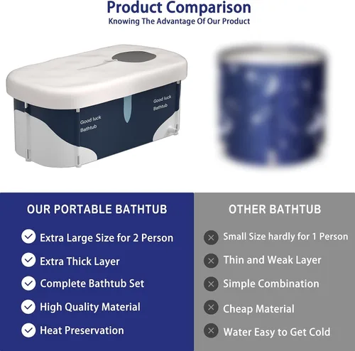 Vista 4 de Bañera plegable portátil extra grande de 53 pulgadas con marco de metal para adultos, bañera familiar con cubierta para baño pequeño, bañera gruesa