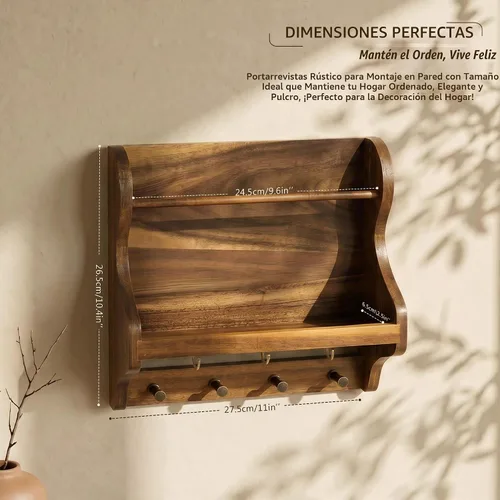 Vista 2 de Organizador de correo de madera de acacia con 7 ganchos para llaves