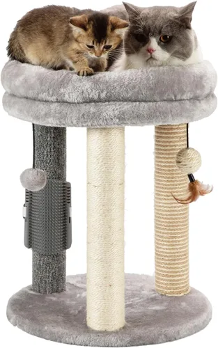 Vista 12 de MECOOL Árbol pequeño para gatos 4en1, poste rascador con torre, cama suave, alfombra de sisal, postes de yute con tres juguetes de bola colgante