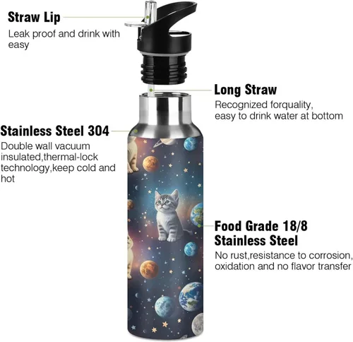 Vista 3 de Stainless Steel Vacuum Insulated Water Bottle 20 Oz, Leakproof Water Bottles for Gym Outdoor Travel School, Cute Cats Space
