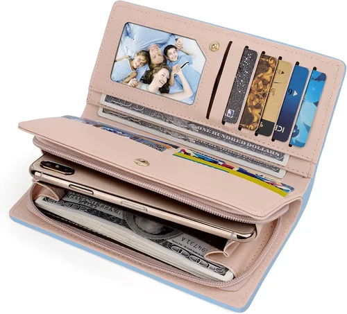 Vista 3 de UTO Cartera de piel sintética para mujer, de gran capacidad, colgante de gato, soporte para teléfono, organizador de chequera, con cremallera