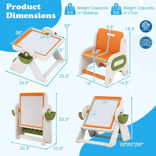 Vista 17 de Costzon Juego de mesa y silla 6 en 1 para niños, caballete de arte plegable con marcadores, borrador, 102 ladrillos compatibles, mesa de bloques