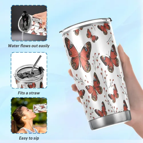 Vista 6 de Taza de café de acero inoxidable con diseño de mariposa roja, tapa a prueba de fugas y pajita para agua, té helado o café, vaso aislado al vacío