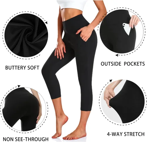 Vista 6 de NEW YOUNG Paquete de 3 leggings capri para mujer con bolsillos, cintura alta, control de abdomen, pantalones negros para entrenamiento, gimnasio