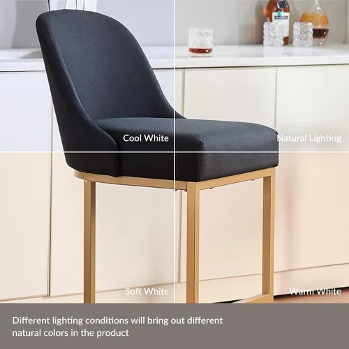 Vista 31 de Leick Home 214536 Barrelback Silla de comedor con base de metal, juego de 2, para comedor, asiento moderno de lino negro y base de metal dorado