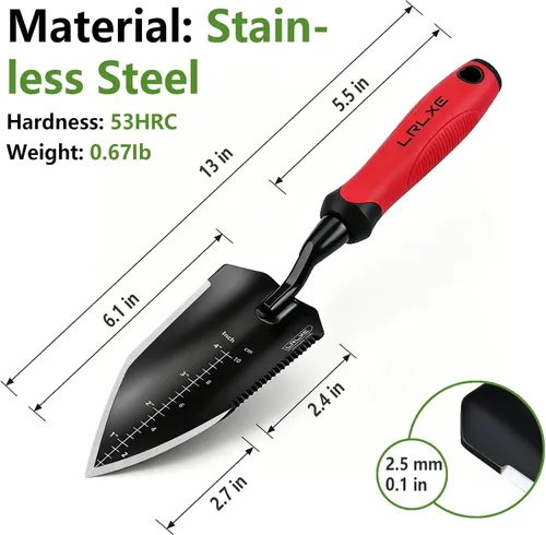 Vista 3 de Paleta de jardín resistente, pala de mano puntiaguda de acero inoxidable con mango de goma antideslizante, ideal para excavar, deshierbar
