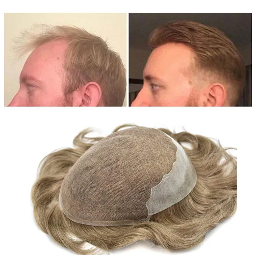 Vista 45 de Mens Toupee Swiss Lace Mens Hair Piece Sistema de reemplazo de cabello para hombres Toupee para hombres Cabello humano nudo blanqueado protesis