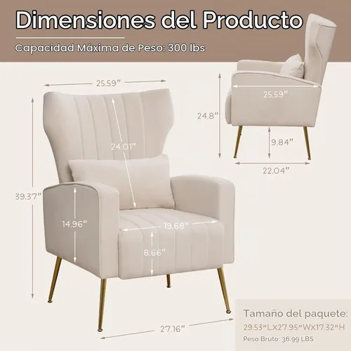 Vista 2 de Silla de Acento Moderna Tapizada para Sala de Estar, Silla con Brazo de Respaldo Alto con Patas de Metal Silla de Lectura Lumbar para Dormitorio