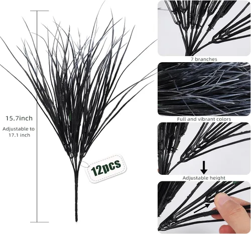 Vista 2 de Flores Artificiales de Plantas en Blanco y Negro para Halloween, Hierba de Cebolla Artificial Resistente a los Rayos UV, Arbustos de Plantas