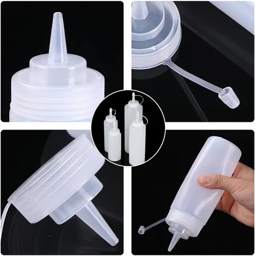 Vista 5 de Botellas de plástico de 3 colores de 12 onzas, botellas para apretar condimentos, botella multiusos para salsa de tomate, aceite, mermelada, salsa