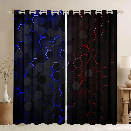 Vista 20 de Cortinas opacas negras de panal de abeja con luces de neón azul real, tratamientos de ventana con estampado geométrico hexagonal, decoración
