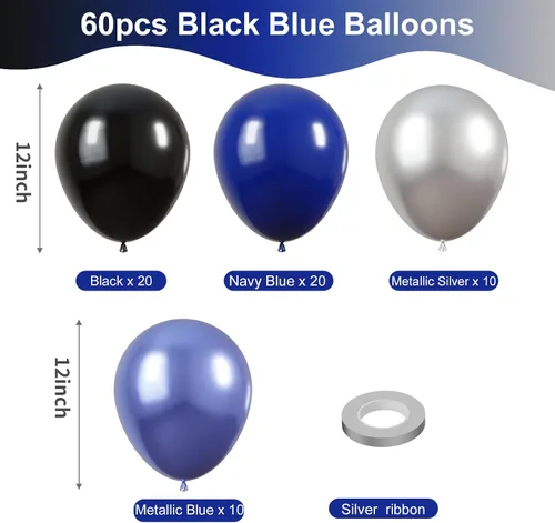 Vista 2 de KBZVNAF Globos de látex negro, azul y plateado, paquete de 60 globos de fiesta de 12 pulgadas, azul real, negro, azul metálico, plateado