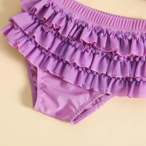 Vista 6 de Yccutest Traje de baño de flores para bebé, 3 piezas, parte superior triangular, parte inferior con volantes, sombrero para el sol, conjunto