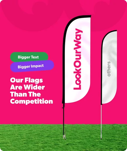 Vista 4 de LookOurWay Set de bandera de plumas - Bandera publicitaria de 5 pies de alto con kit de poste y pico de tierra para promoción de negocios - Abierto