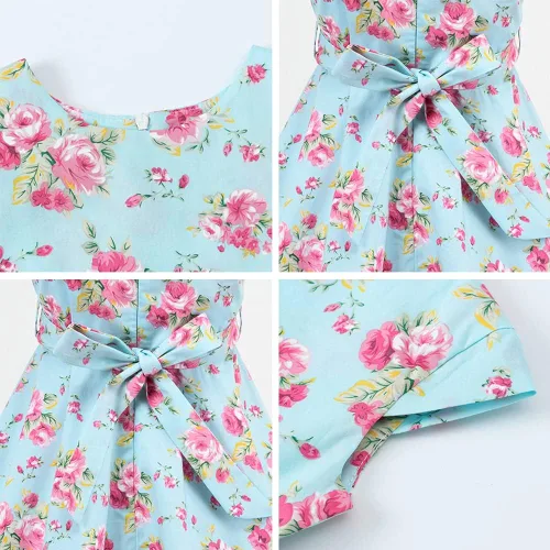 Vista 6 de Vestido de noche para niñas, estilo vintage de los años 50, con estampado de lunares, floral, rockabilly para fiesta de graduación, vestido de té