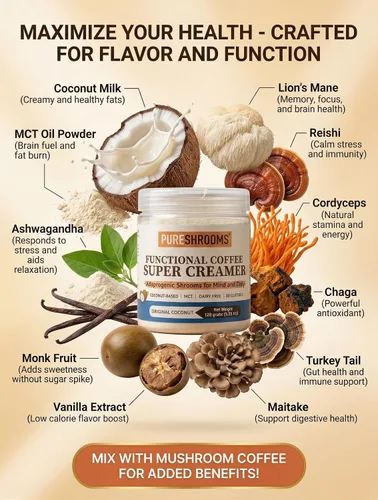 Vista 3 de PureShrooms Supercremas funcionales de café – Original – con leche de coco en polvo, aceite MCT, melena de león orgánica, Reishi, Chaga, Maitake
