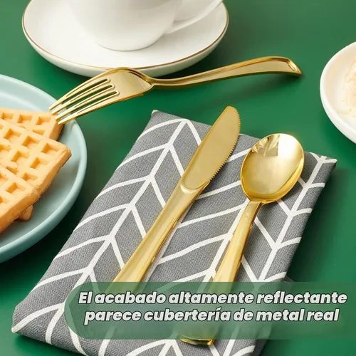 Vista 6 de FOCUSLINE Juego de 75 cubiertos desechables de plástico dorado, 25 tenedores, cuchillos, cucharas, cubiertos desechables, juego de utensilios